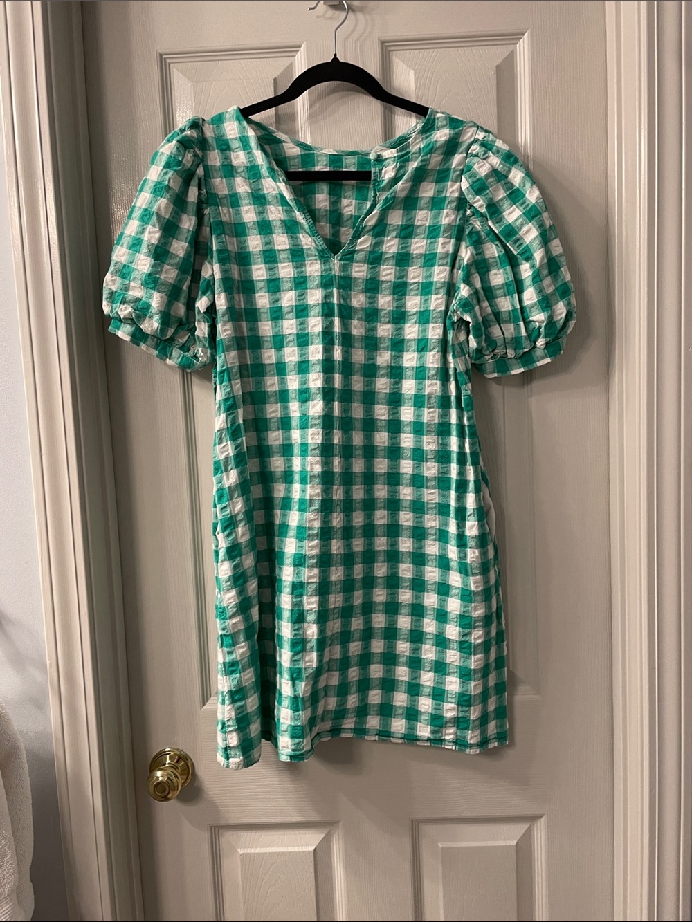 Green and White Gingham Puff-Sleeve women’s Dress